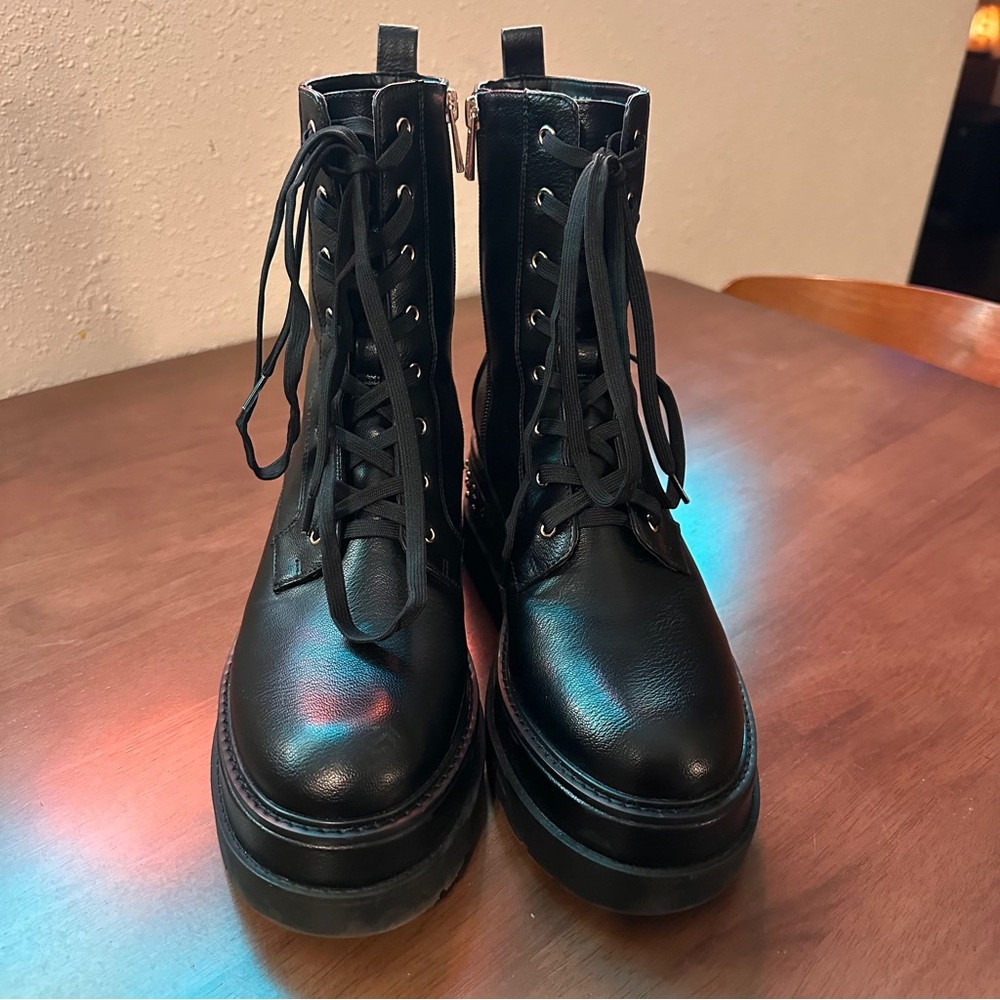 Black Leather Platform Combat Lace-Up Boots
